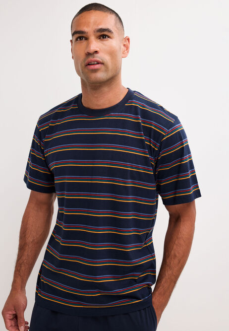 Mens Navy Stripe Cotton Long Pyjama Set