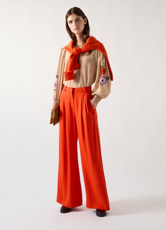Sykes Orange Viscose Blend Wide Leg Crepe Trouser