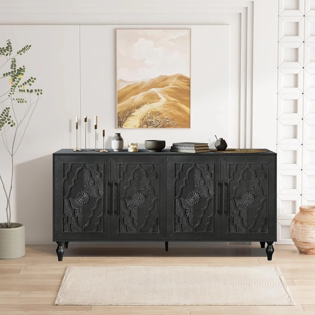 Roomfitters Carved Flower Door Large Storage Cabinet with Metal Handle - Perfect for Living Room, Kitchen, Entryway