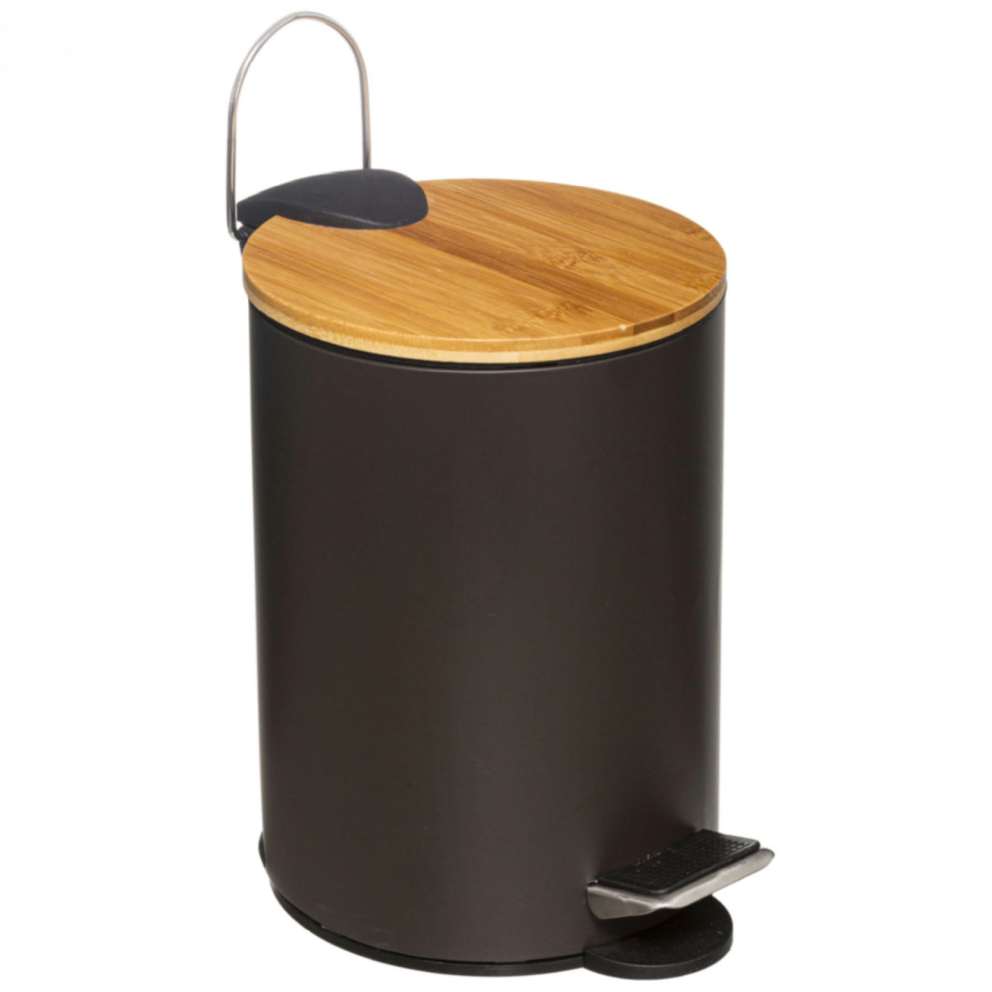 - Poubelle salle de bain métal noir couvercle bambou - 3L