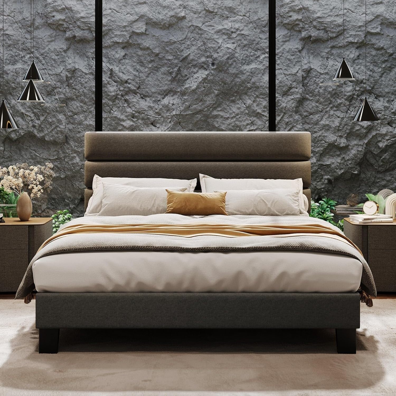 Bed Frame with Fabric Upholstered Adjustable Headboard, Wooden Slats Support