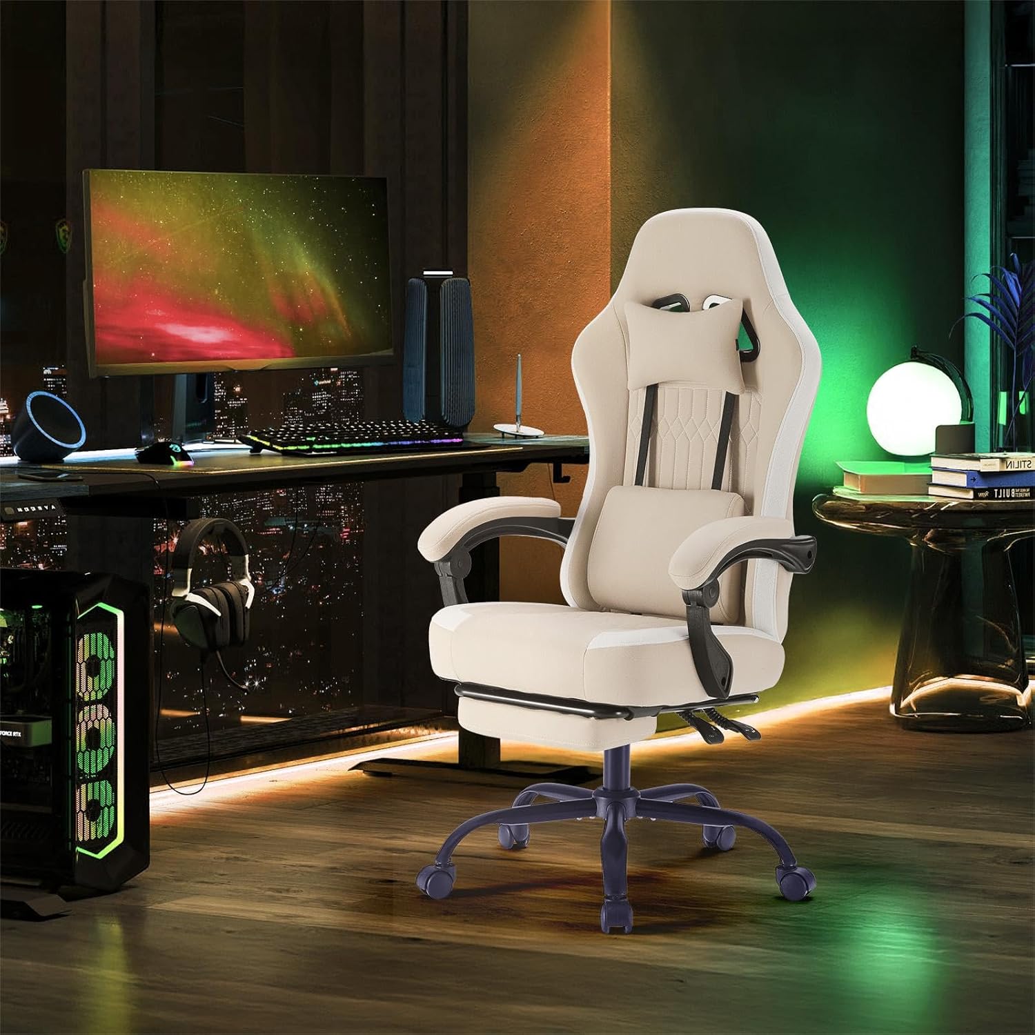 Sweetcrispy Computer Gaming Chair - High Back Ergonomic Desk Chair with Footrest and Lumbar Support, Height Adjustable Task Chair with Linkage Armrests and Headrest, 360°Wheels, Fabric, Khaki