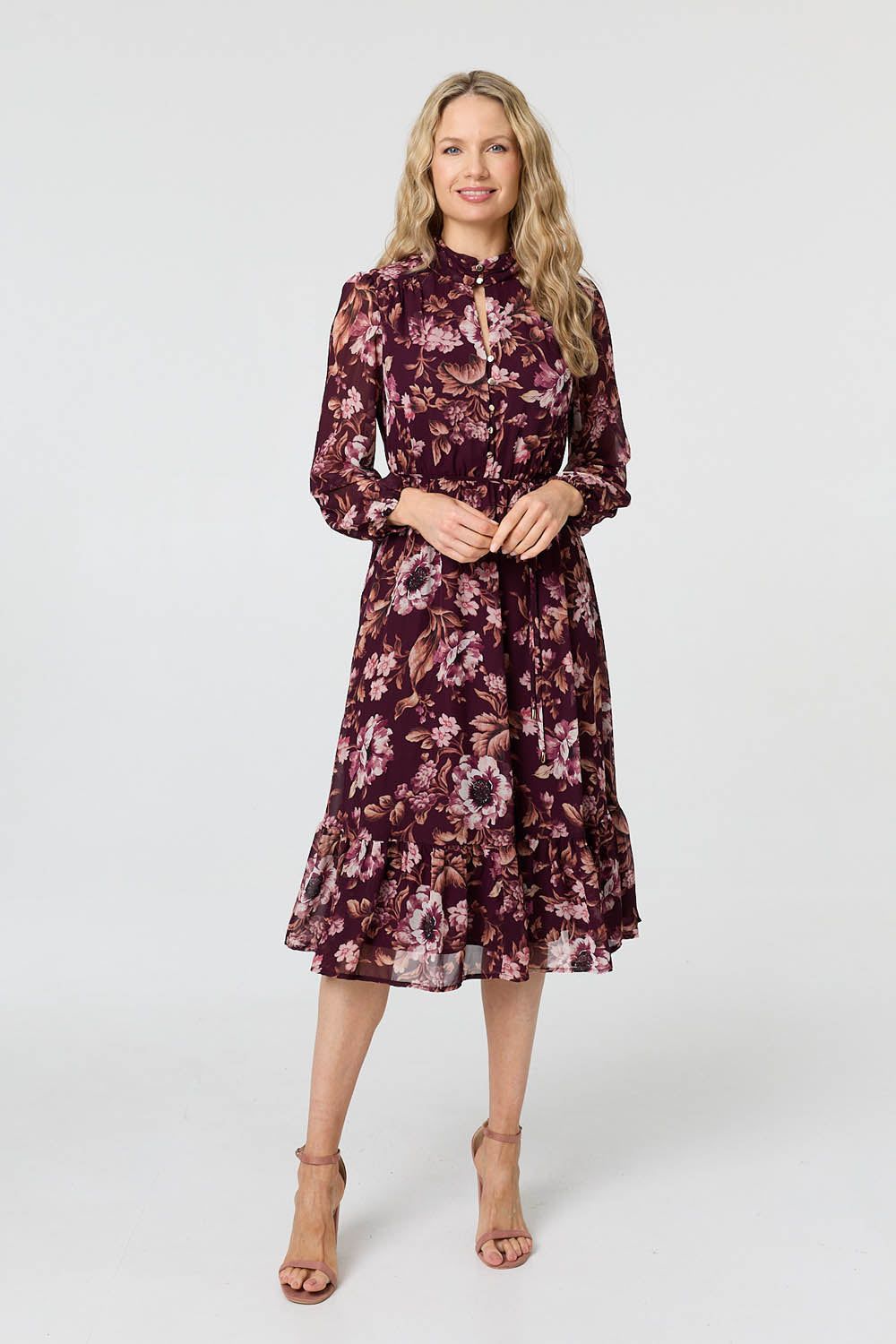Izabel London Floral Semi Sheer Mesh Layer Midi Dress