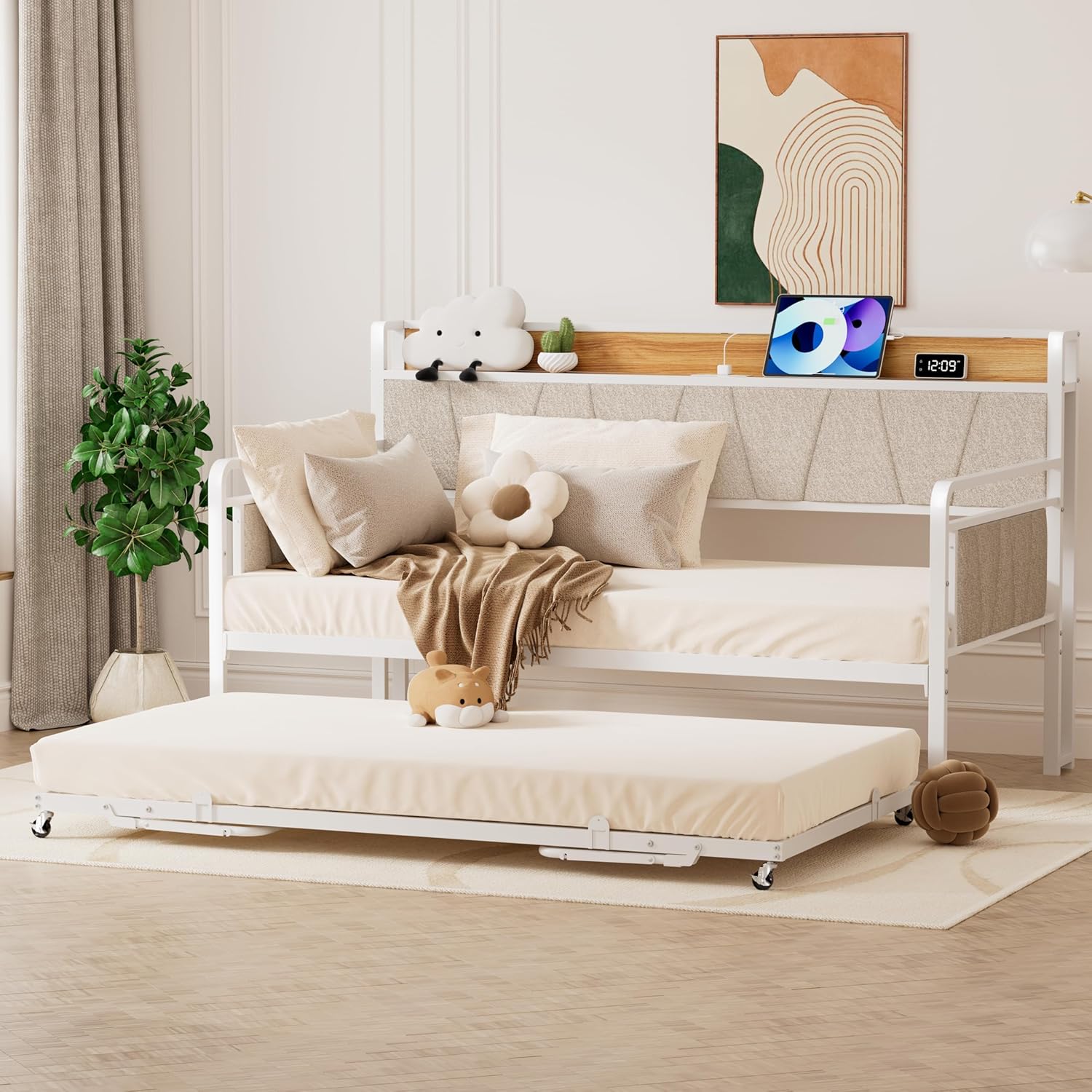 Twin Daybed with Trundle, Modern Twin Size Sofa Day Bed, Sturdy Metal Bed Frame with Upholstered Headboard for Living Room, Bedroom, Studio Apartment (White)