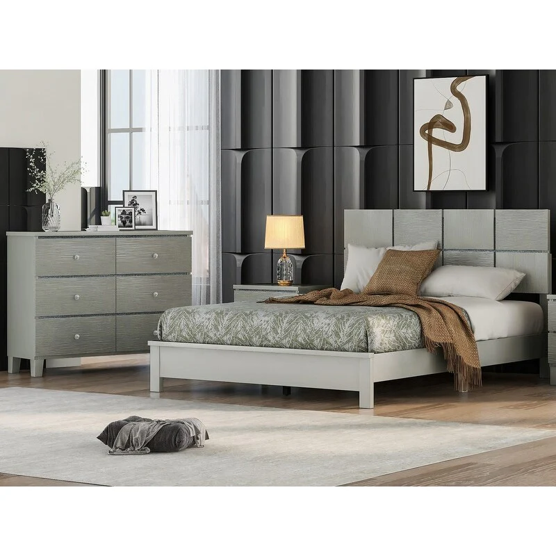 3 pieces Champagne Silver Bedroom Sets Queen Bed,Nightstand and Dresser