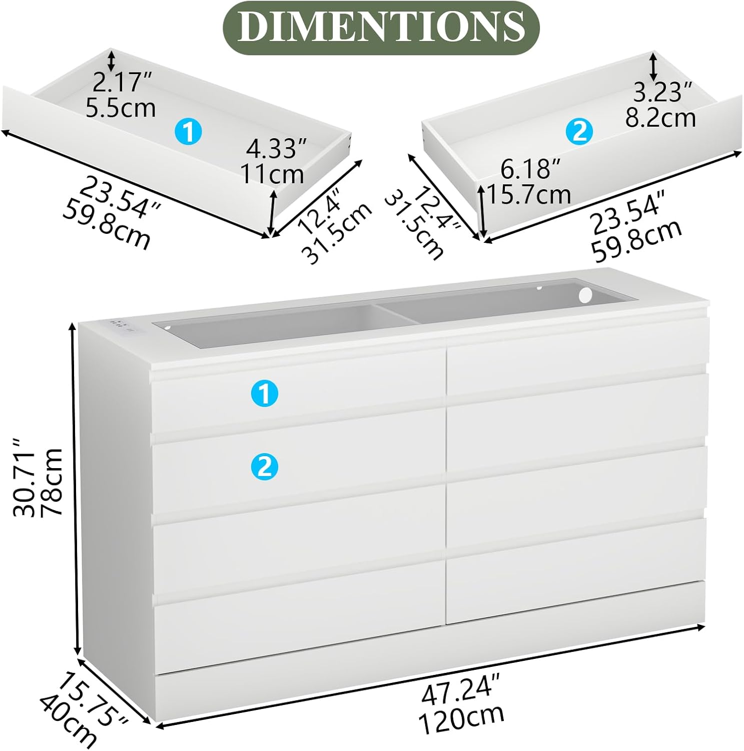 8 Drawer Dresser with Power Outlet, Modern Chest of Drawers with LED Light & Glass Top, Wood Double Dresser TV Stand with Organizer Storage for Bedroom, Living Room, Closet (White)