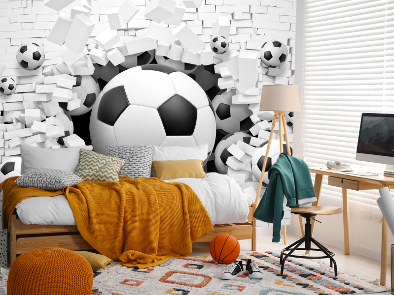Fototapeta Piłki nożne na tle białych cegieł 3D 100x70cm