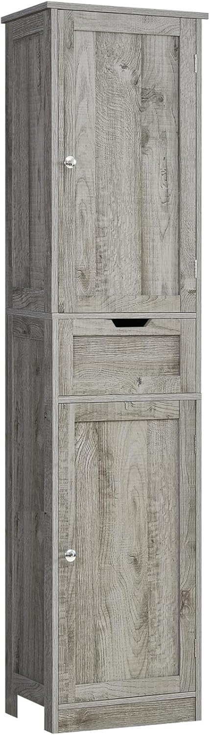Iwell 67 Tall Bathroom Cabinet with Adjustable Shelves & 1 Drawer, Storage Cabinet with 2 Doors, Narrow Tall Cabinet, Floor Cabinet for Bathroom, Living Room, Home Office, Grey