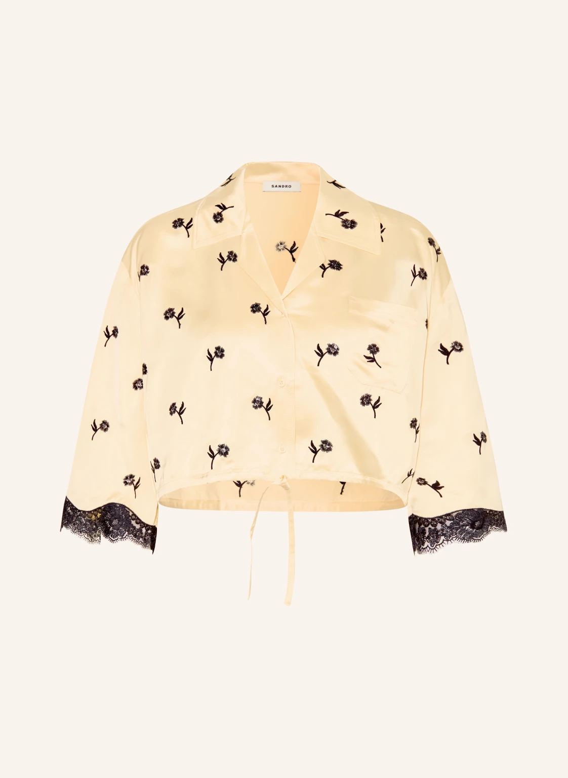 SANDRO Satinbluse mit Spitze und 3/4-Arm