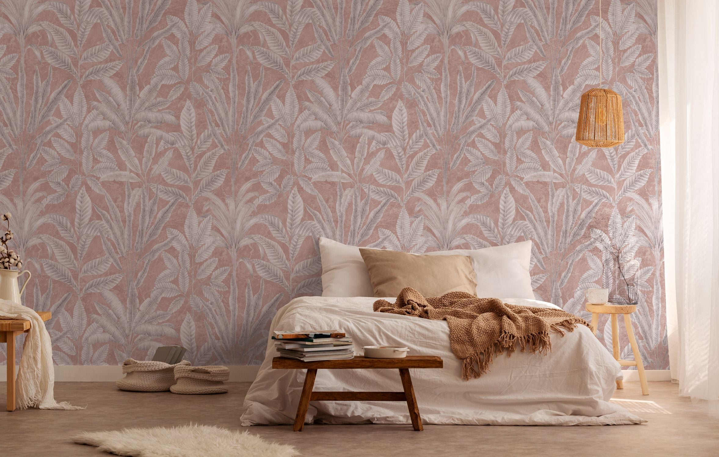Livingwalls fotobehang tropische bladeren roze, grijs en wit - 159 x 280 cm - AS-393161