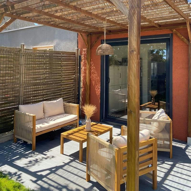 LAFITENIA - Salon de jardin en bois d'acacia fsc et corde 4 places coussins beige