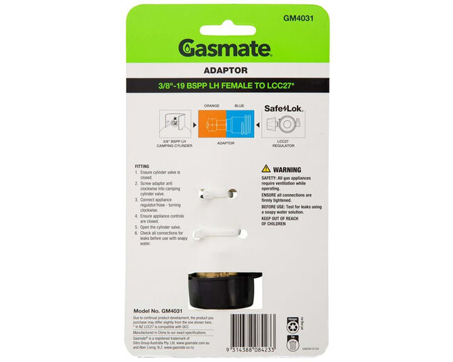 Gasmate Adaptor - 3/8" BSPP LH TO LCC27