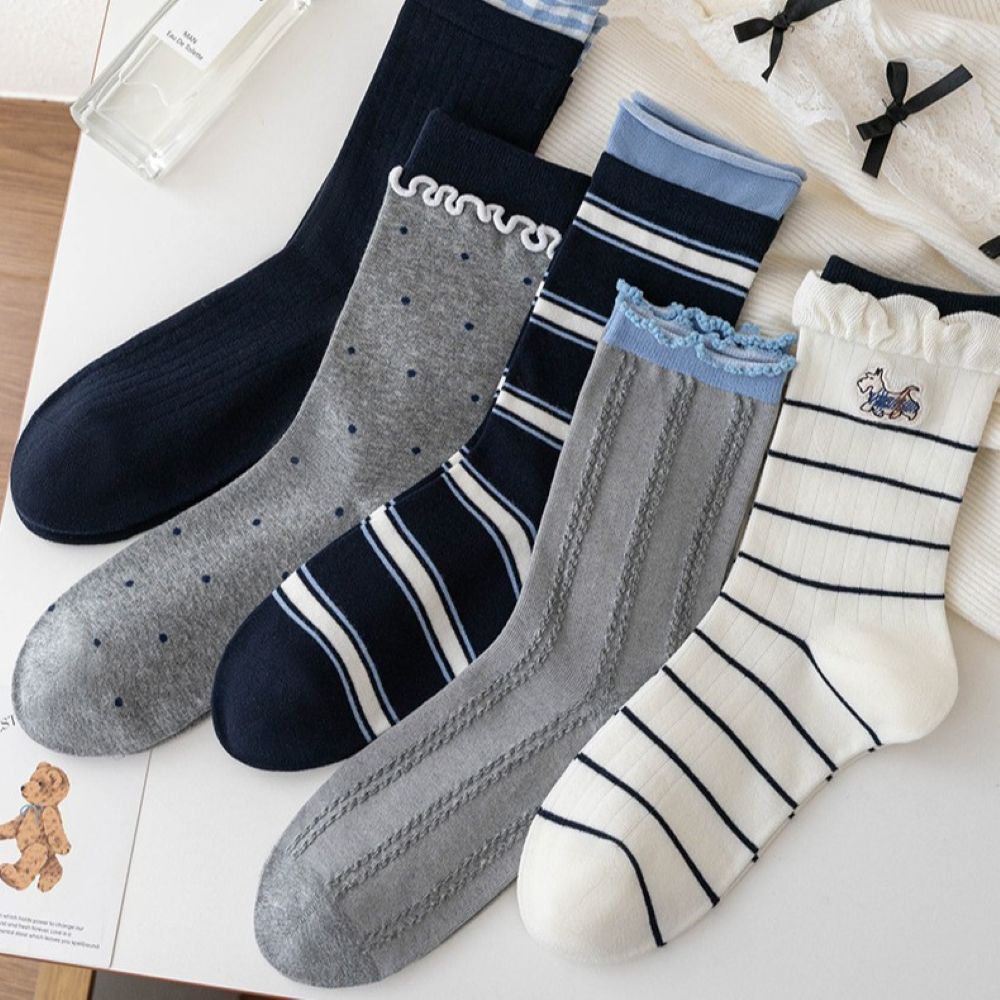 PEACH ACCESSORIES 5 Pack Blue & Grey Mixed Vintage Ruffle Socks