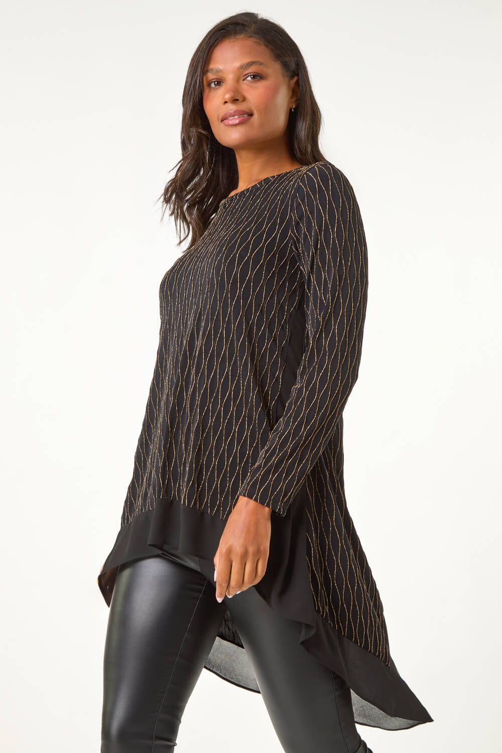 Roman Metallic Print Chiffon Hem Stretch Top
