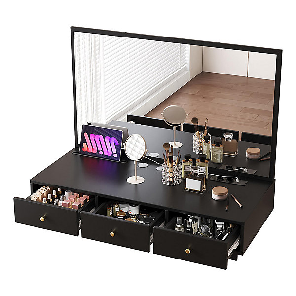 Coiffeuse suspendue avec miroir, 100x105x45cm, noir, 3 tiroirs, prises électriques, emplacement tablette