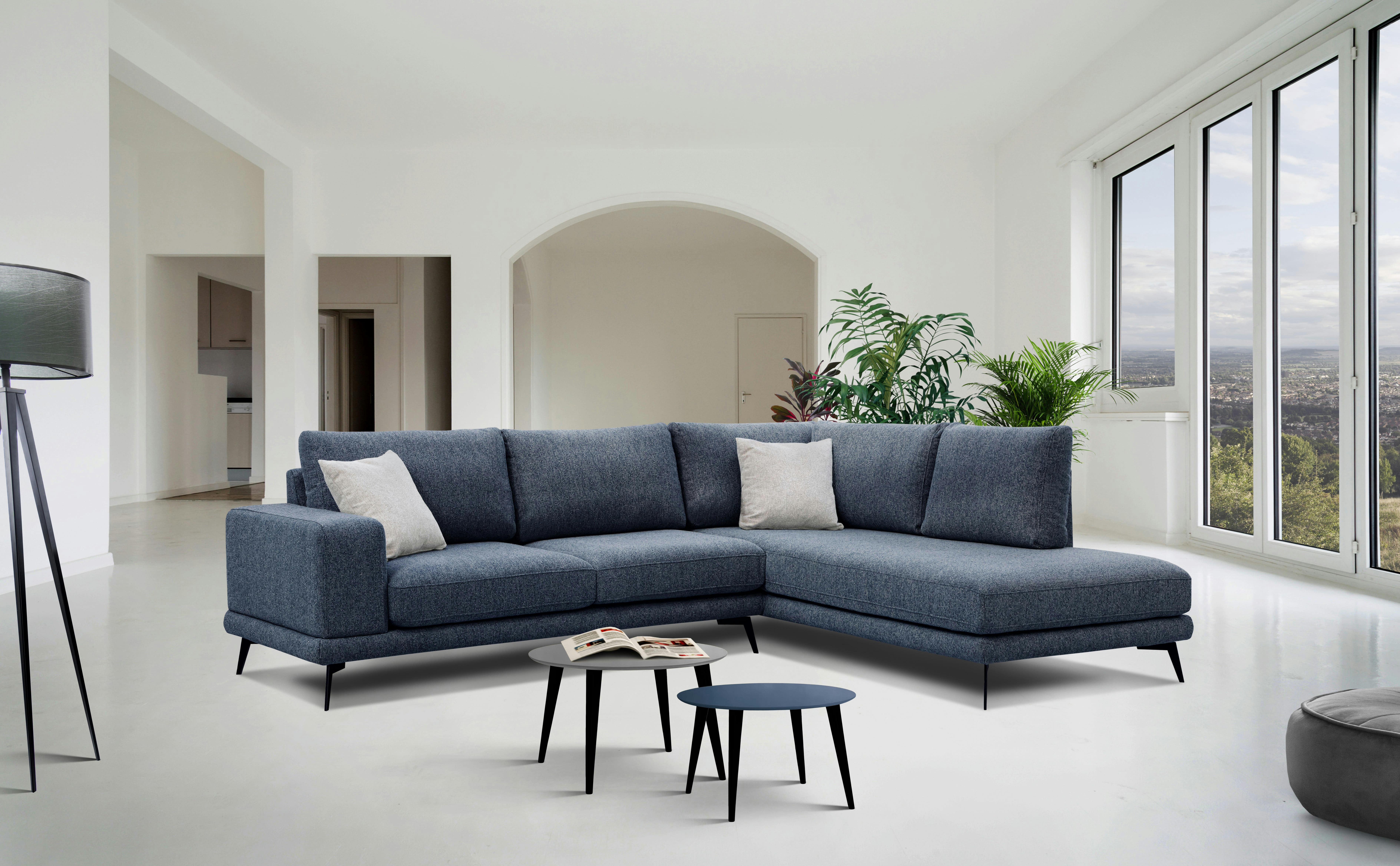 MEDIOLANE - Canapé d'angle droit 5 places tissu bleu foncé