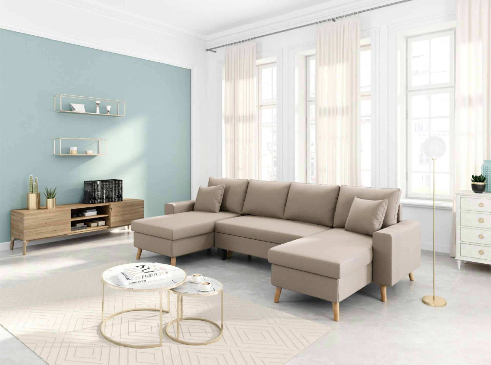 MARIA SCANDINAVE - Canapé panoramique scandinave convertible en tissu beige