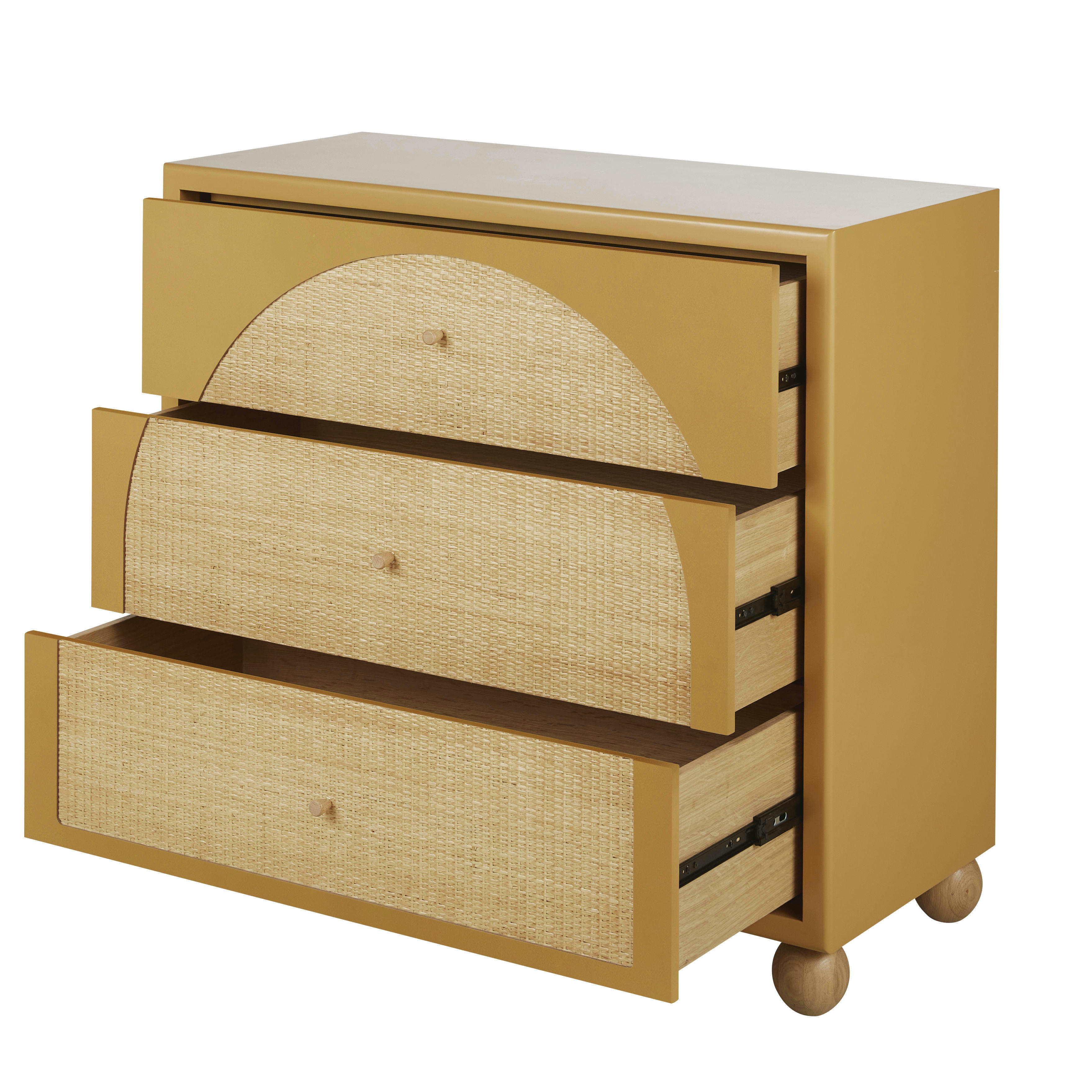 DABALI - Commode haute 3 tiroirs ocre et rotin tressé