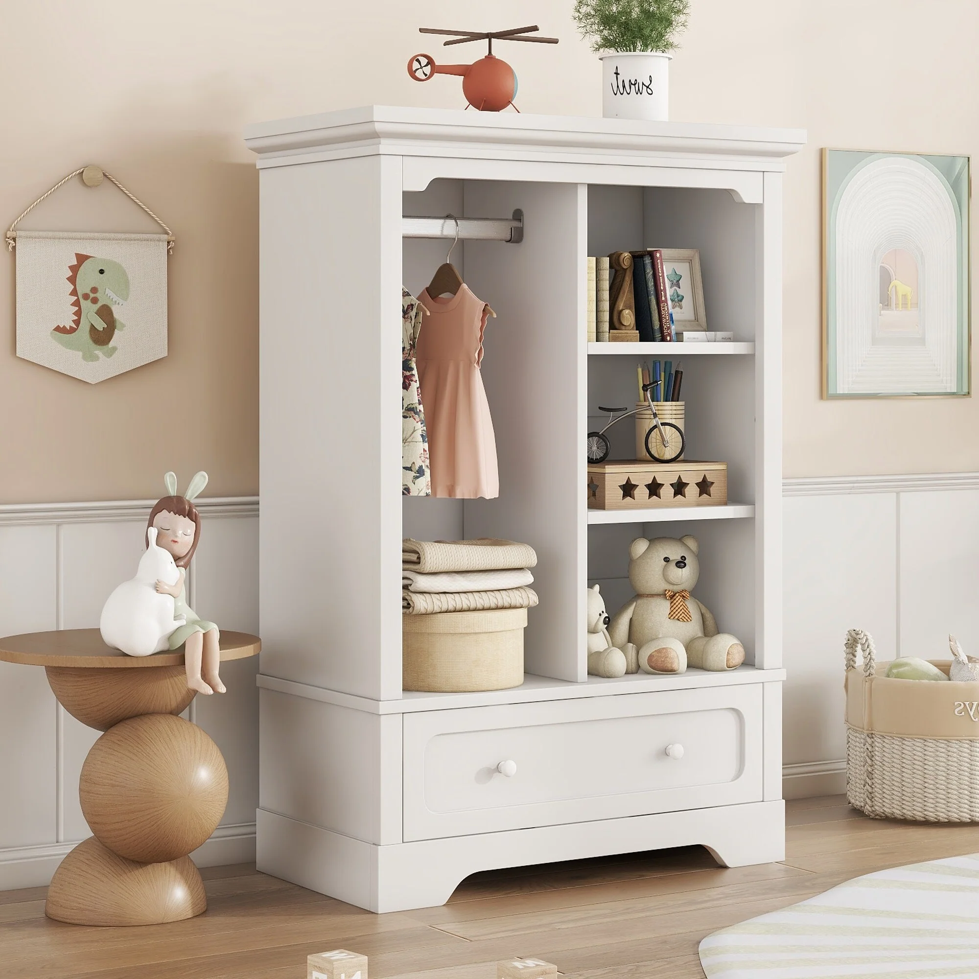 Open Children'S Wardrobe With A Hanging Rod And Open Shelves, One Large Drawer, Low Design Close To The Ground For Easy Access