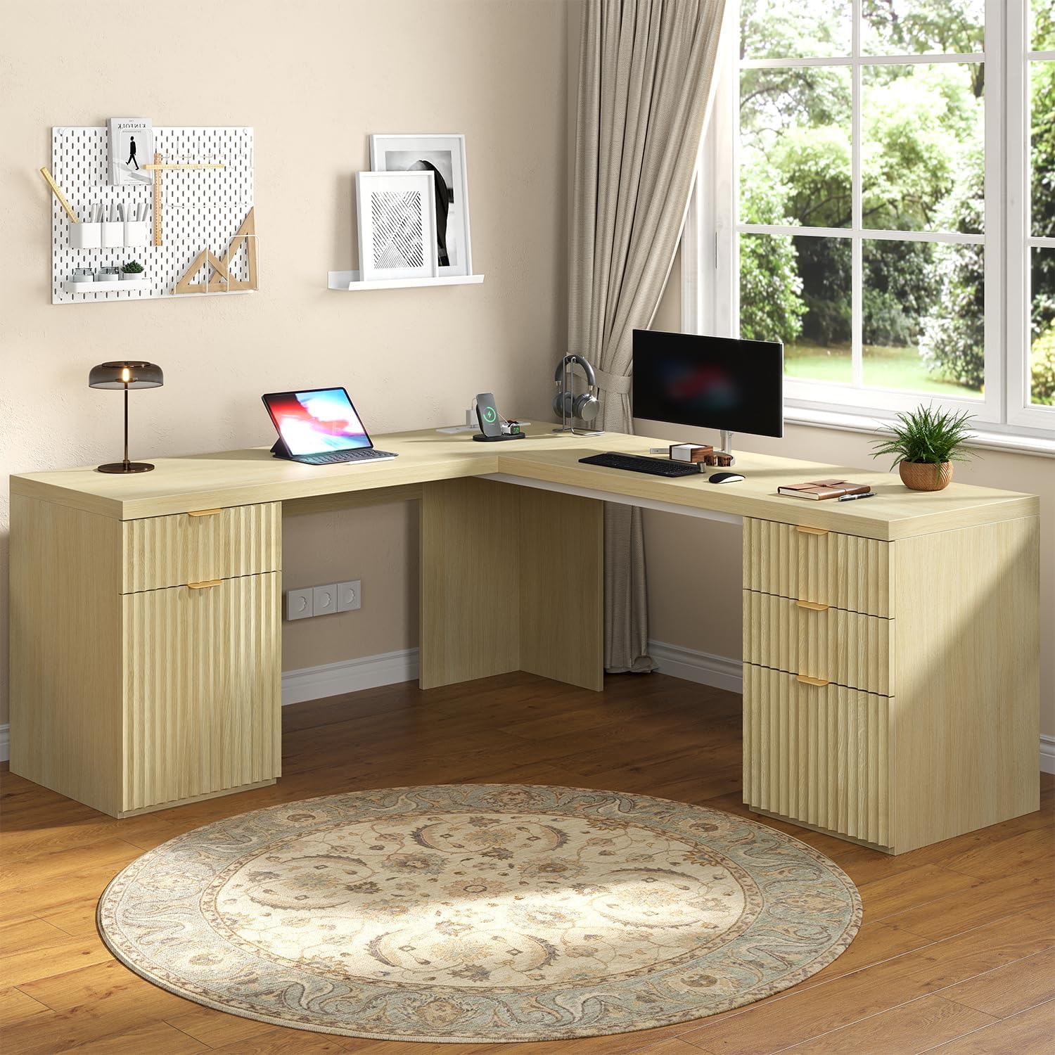 69 Modern L Shaped Executive Desk with Charging Station & File Drawer, Fluted Wood Home Office Corner Desk with Storage Drawers and Cabinet, Large Corner Computer Desk Writing Desk, Natural Oak