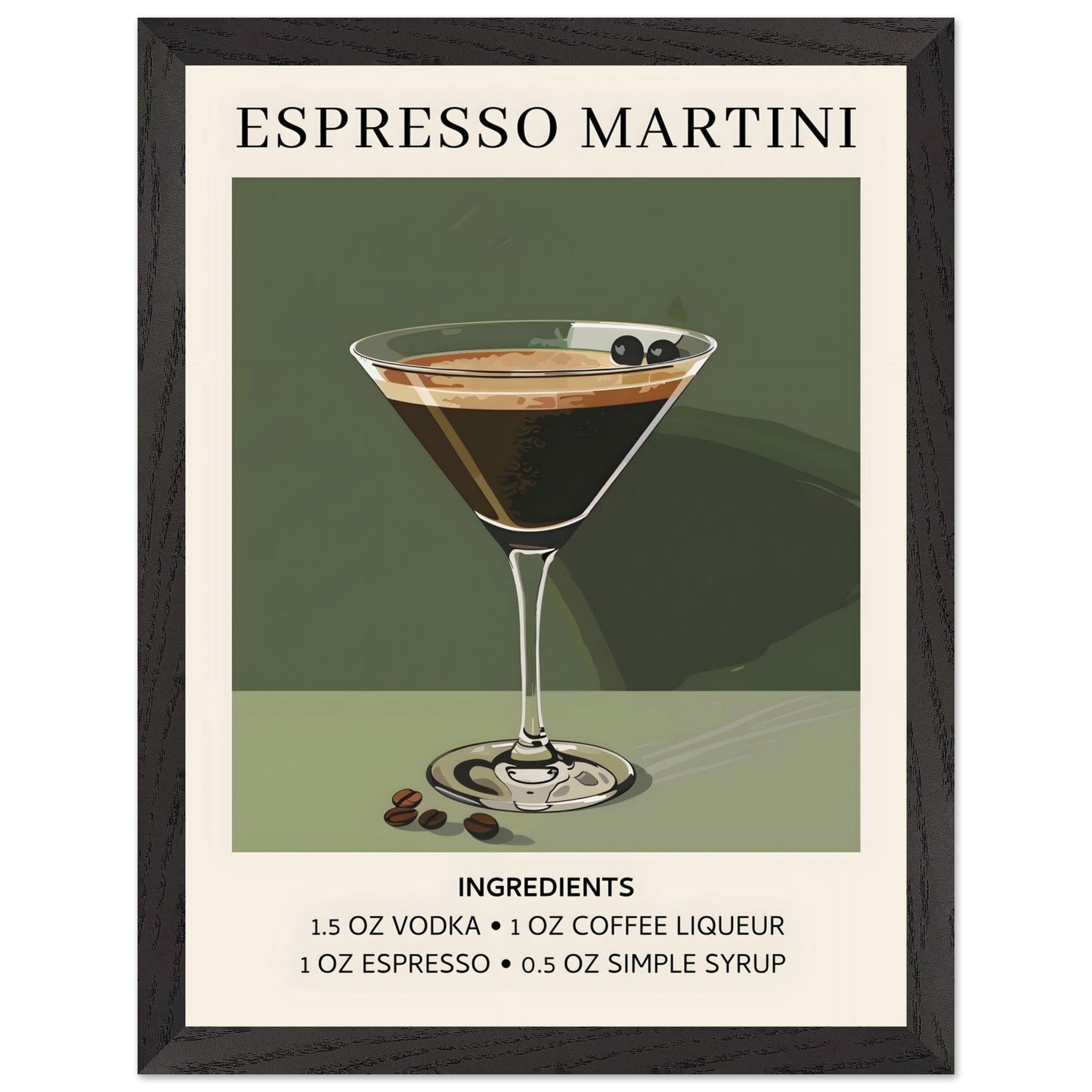 Artfulprints Poster met Lijst Espresso Martini cocktail - Ingrediënten  - 30x40 cm - Donkergroen