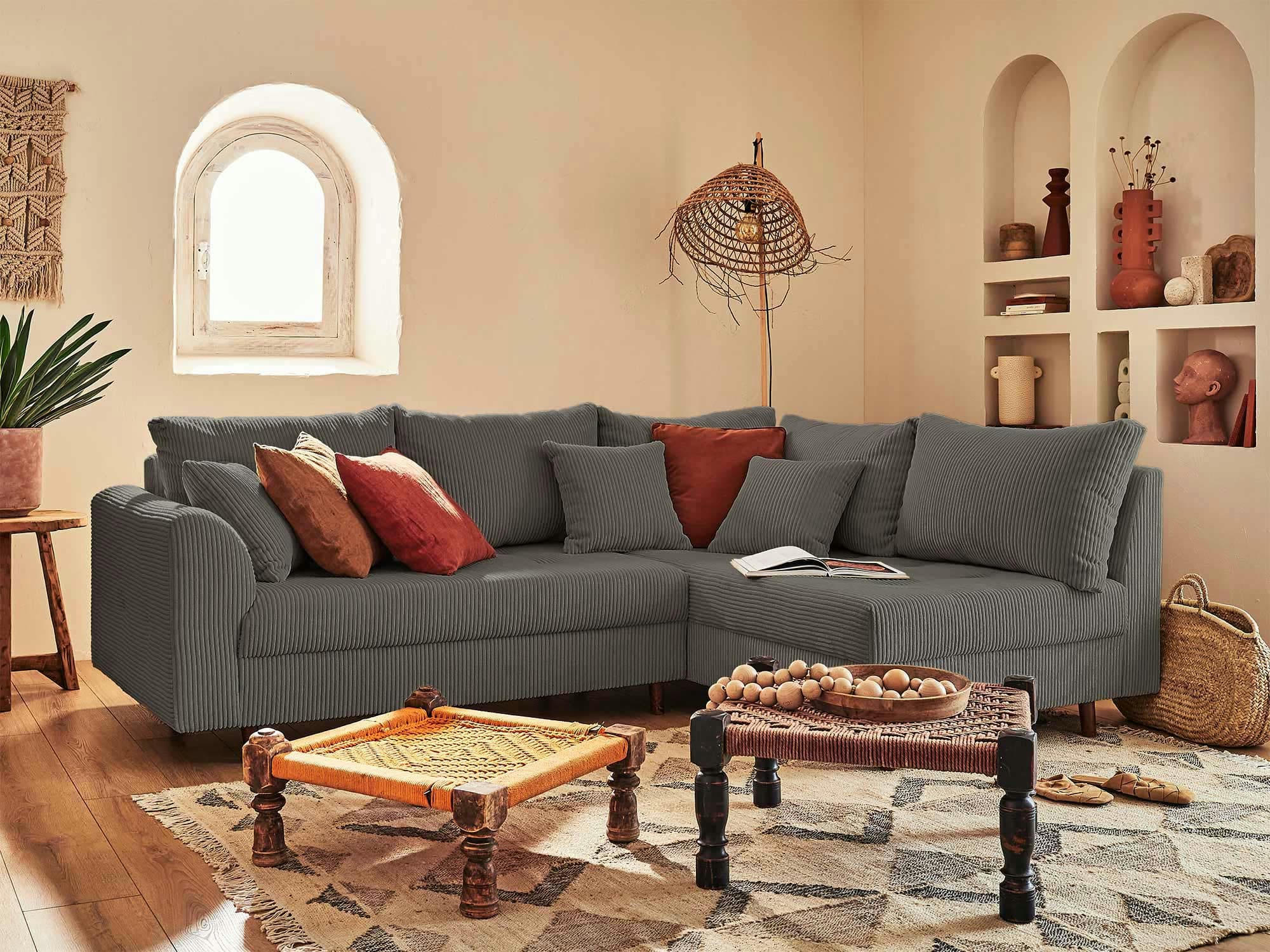 RUNE - Canapé d'angle droit 4 places en velours côtelé gris foncé