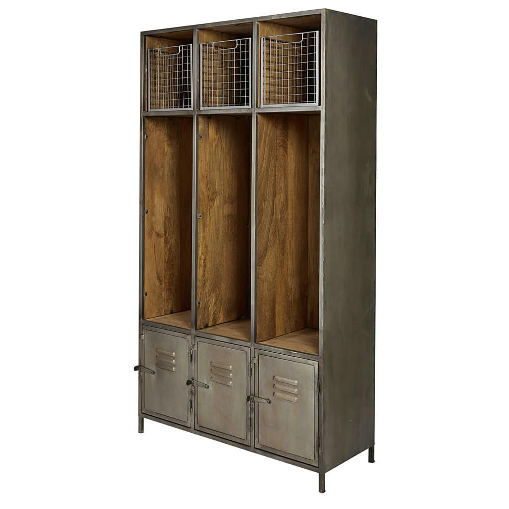 Lewis - Meuble d'entrée 3 portes métal gris et manguier massif