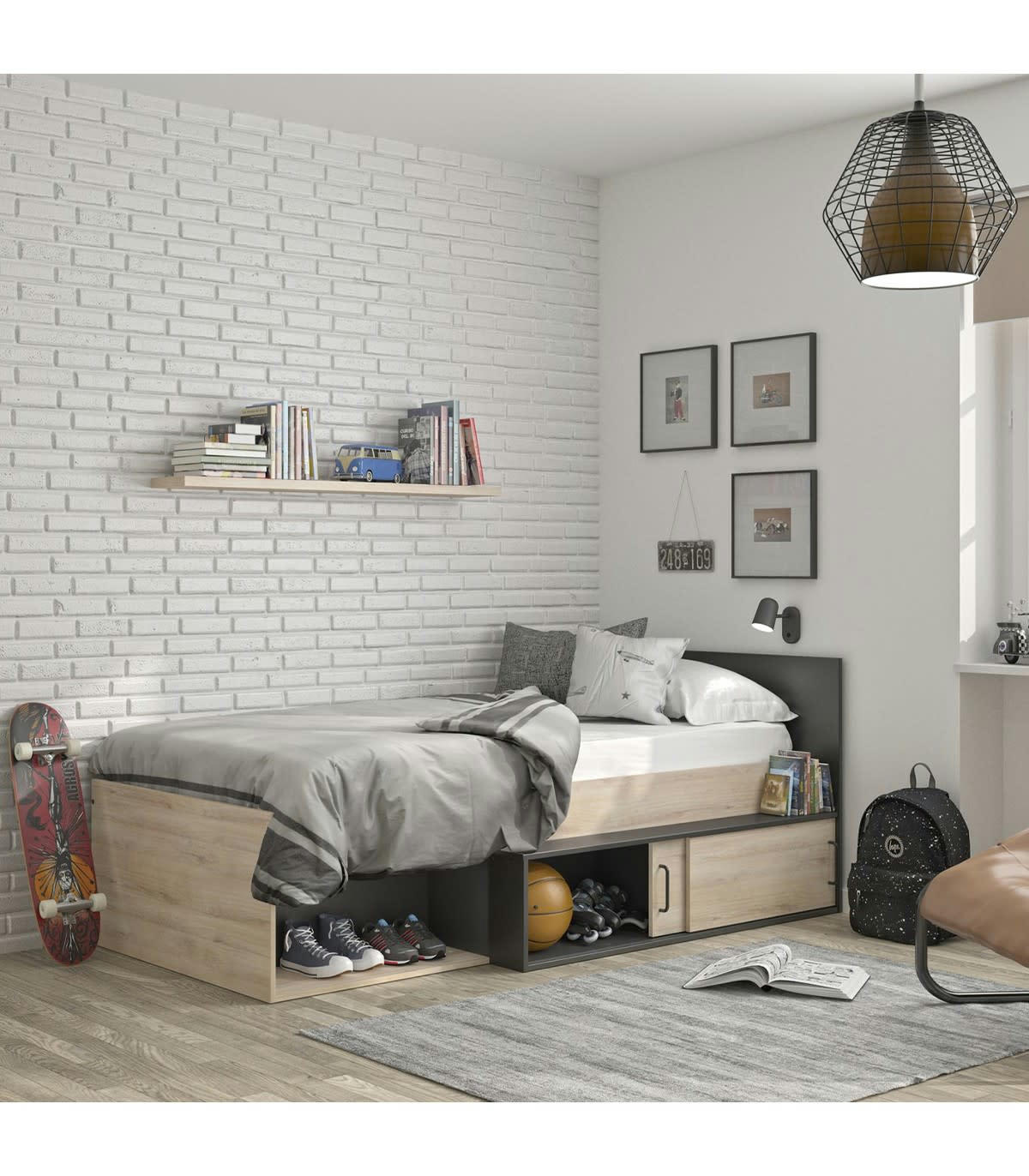 ERQUY - Lit Enfant Compact et Rangements - Chêne et noir 90x200