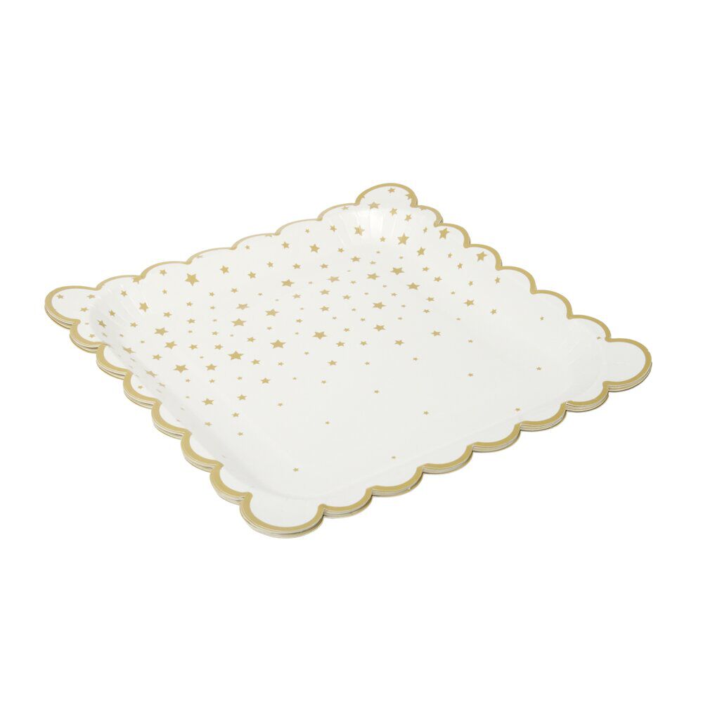 Assiette en papier X8 pcs carré bord festonné imprimé étoile 23X23XH1,5 cm blanc et doré