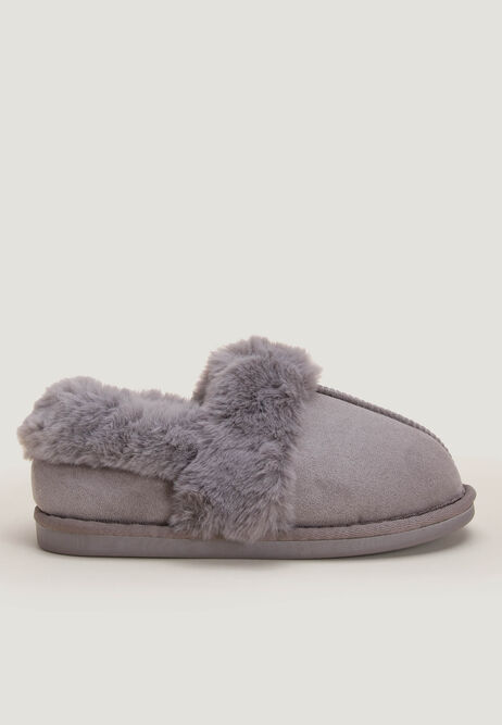 Womens Grey Fluffy Closed Back Slippers