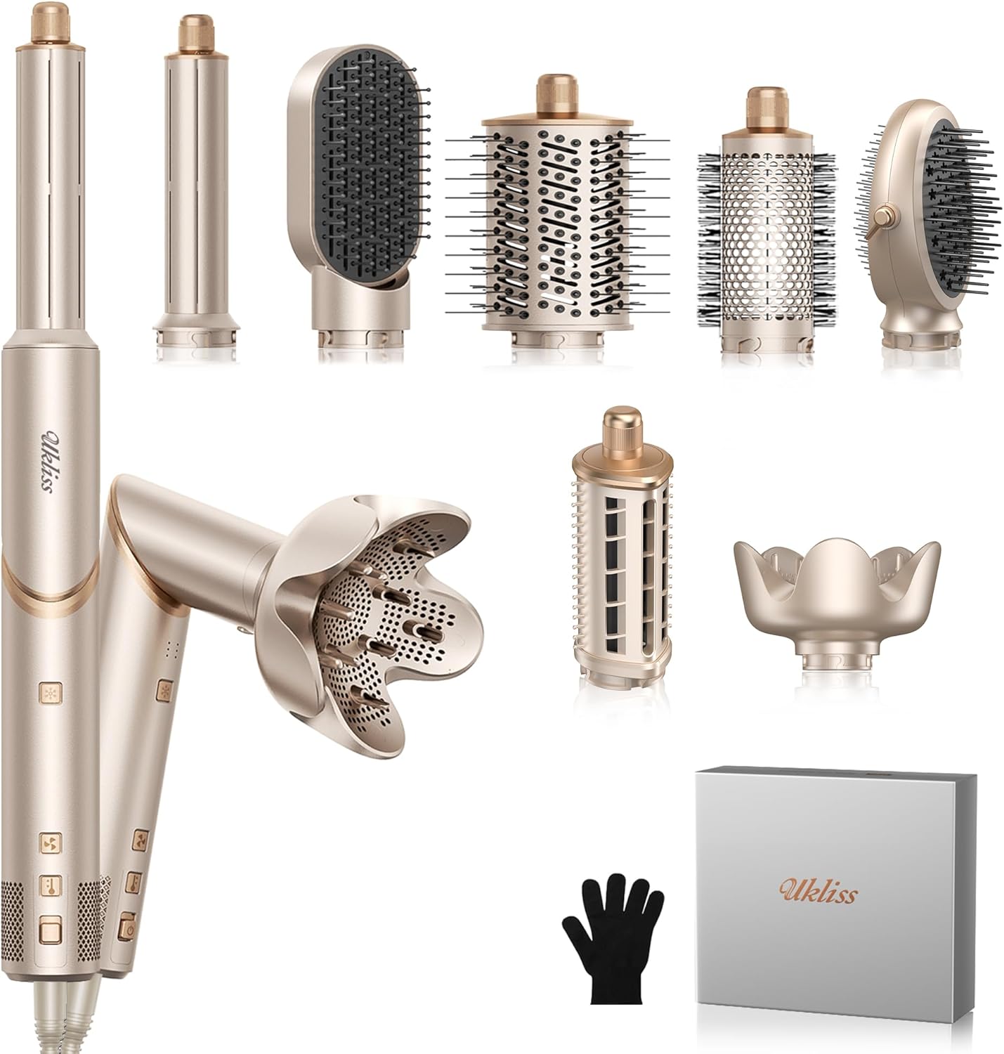 Ukliss 8 in 1 Hair Dryer Brush & Multi Hot Air Styler–Foldable 110,000 RPM Blow Dryer Brush Tool Set with Diffuser Auto-Wrap Curler for Fast Drying Curling Straightening Hair Daily Styling