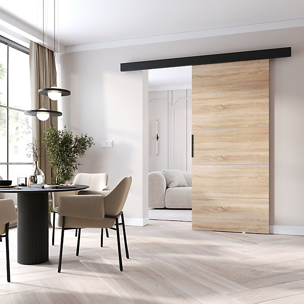 MINIO go for it, porte coulissante PRIM B 96 cm , bandes décoratives - argent, poignée noire, Chêne Sonoma / Noir