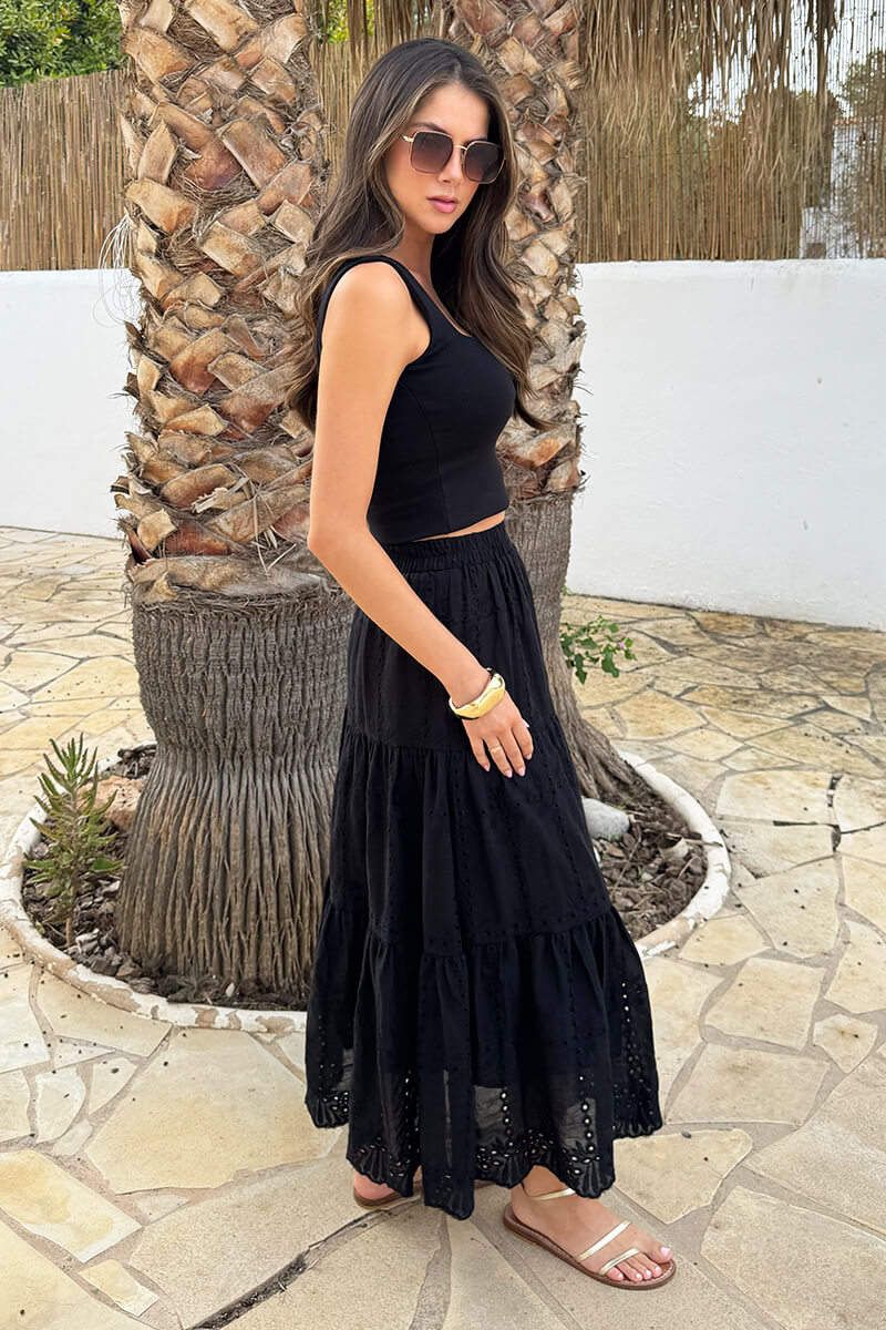 AX Paris Black Broderie Tiered Midi Skirt