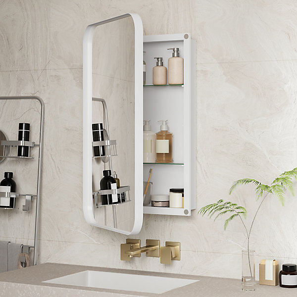 Armoire à miroir rectangulaire avec cadre métal, armoire murale à étagères réglables, pour salle de bain ou chambre, blanc