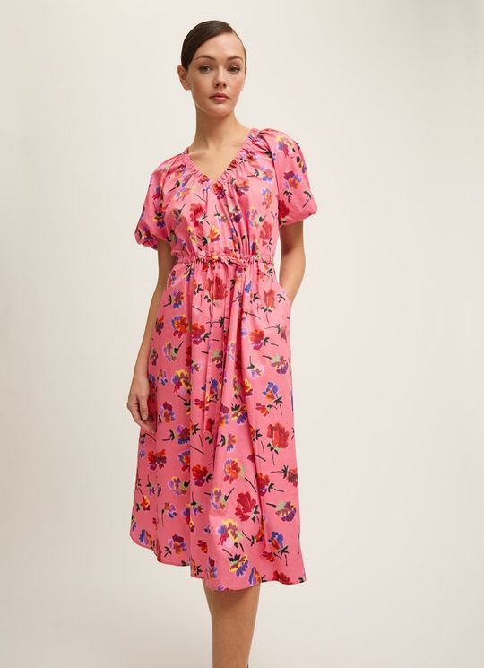 Brigitte Pink Multi Floral Gather Detail Dress