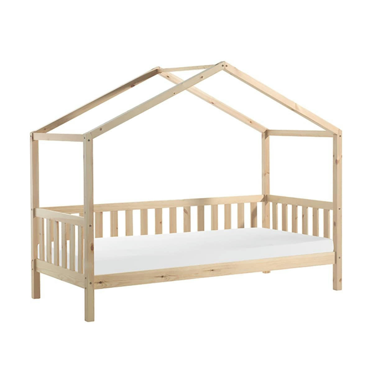 ARKAN - Lit  maison à barrières 90x200cm pin naturel + matelas