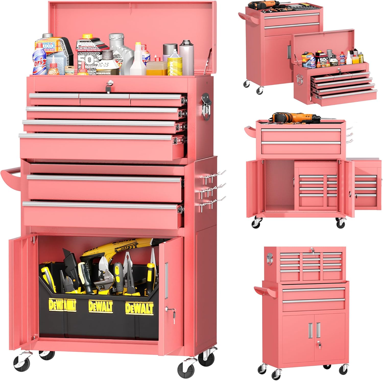 INTERGREAT Tool Chest, Assembled Tool Cabinet with 8 Drawers, Detachable Organized Tool Chests, Lockable Tool Cabinet for Workshop, Warehouse, Mechanics Garage (Pink)