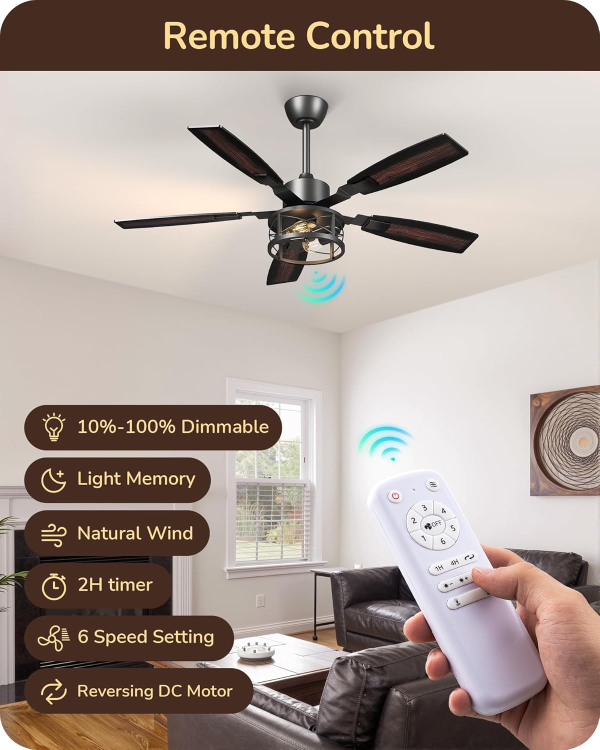 EDISHINE 52 Farmhouse Ceiling Fans with Lights and Remote, 10%-100% Dimmable, Reversible DC Motor, 6 Speed, 5 Wooden Blades, Timer, Rustic Caged Fandelier Ceiling Fan for Living Room, Bedroom