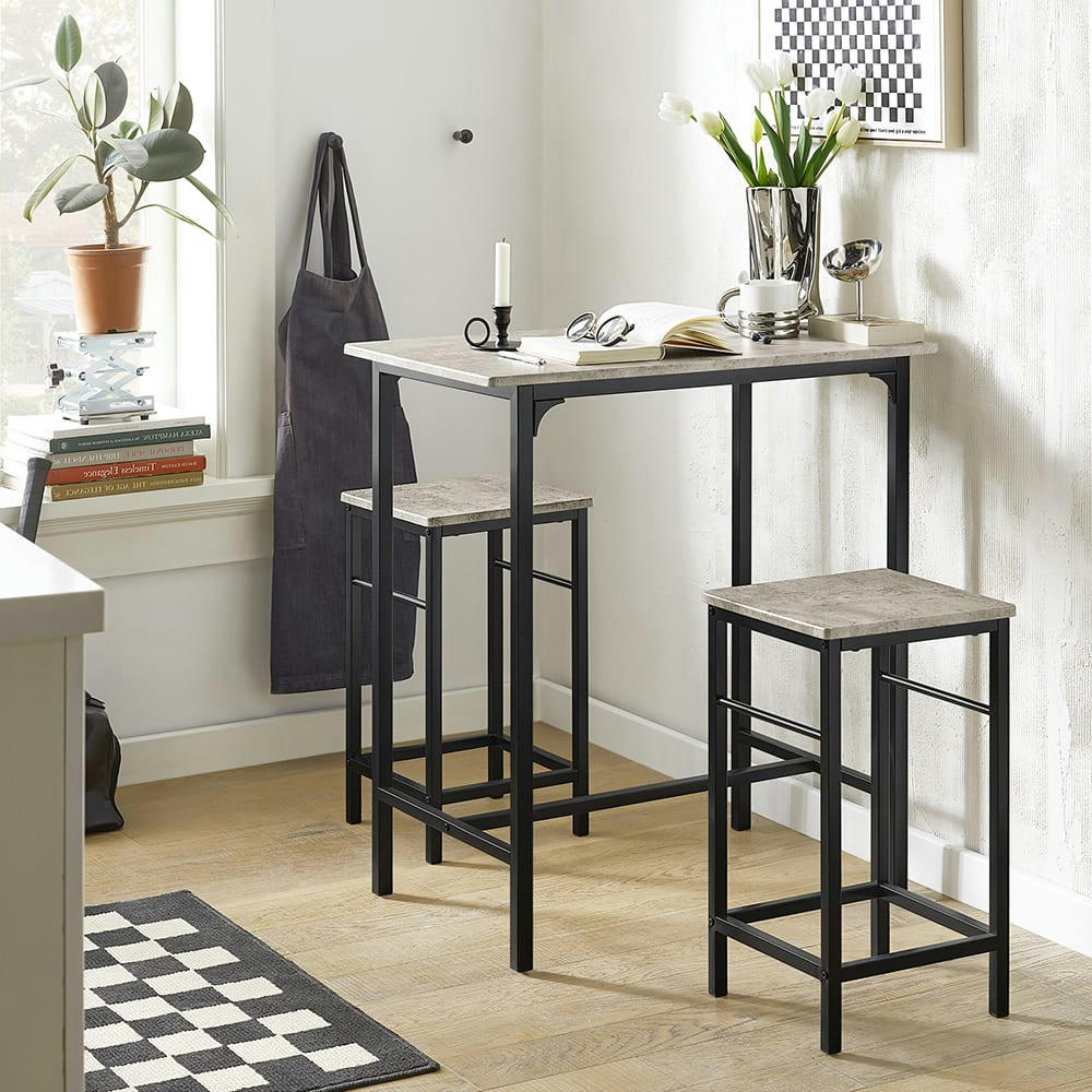 - Set de 1 table et 2 tabourets effet bois et métal noir