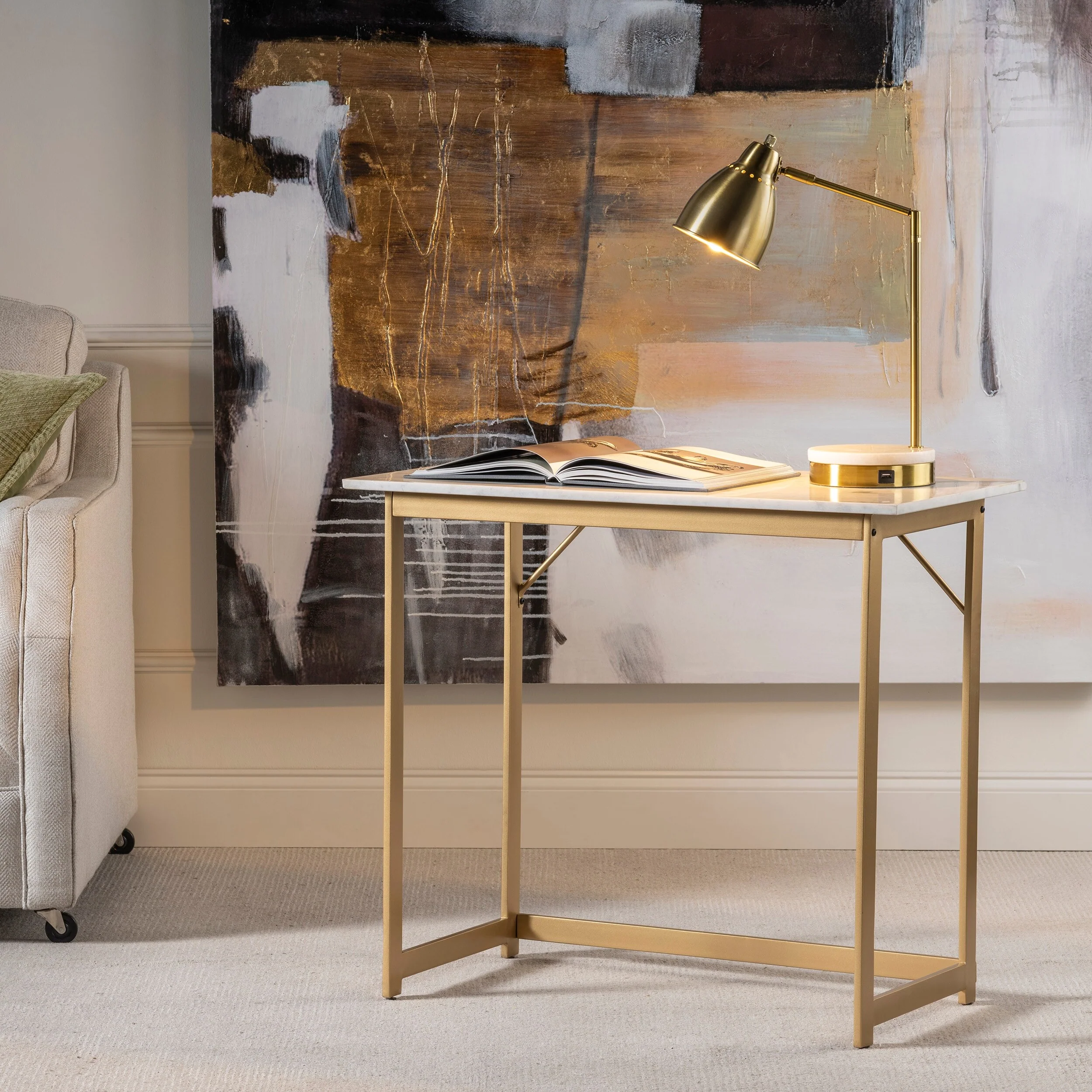 Maelyn 34W Marble and Matte Gold Metal Desk