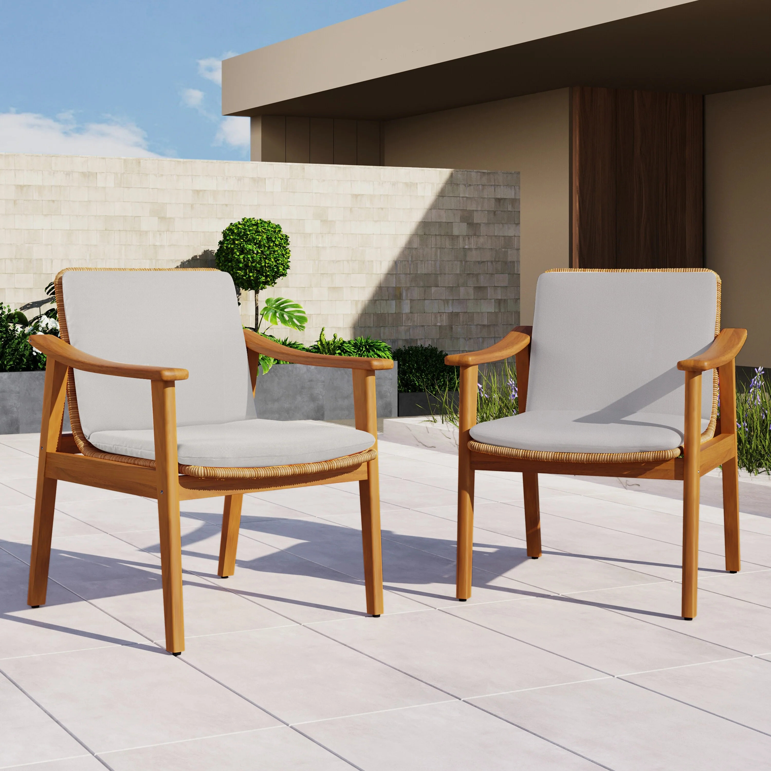 Set of 2 Teak-Finished Acacia Wood Outdoor Dining Chairs – Featuring Brown PE Wicker Weaving & Weatherproof Cushions.