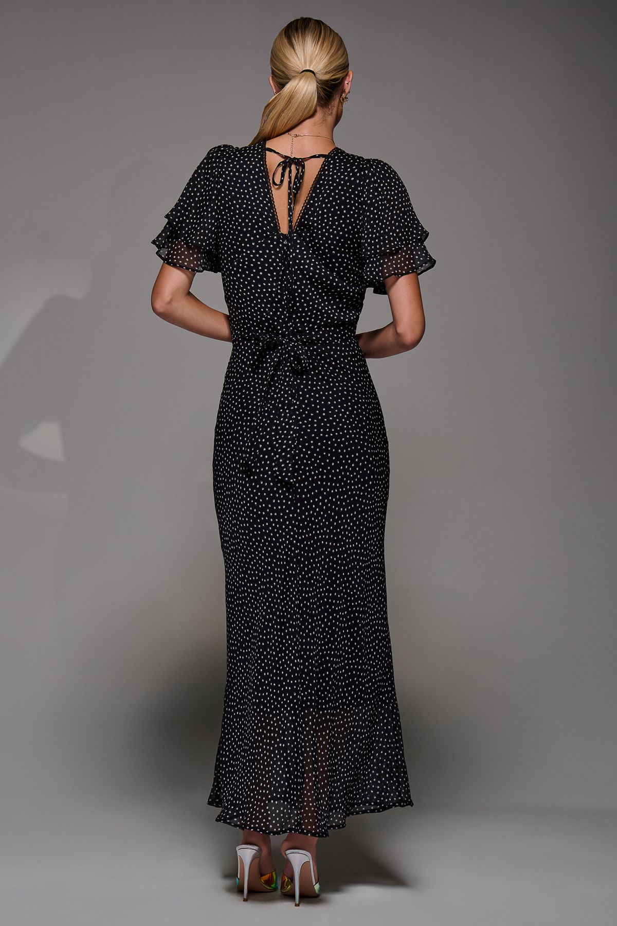Jolie Moi V-Neck Frill Sleeve Chiffon Midaxi Dress