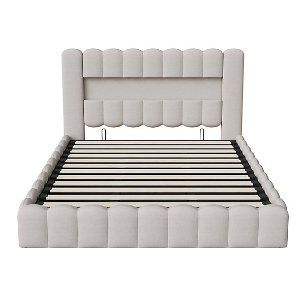 Lit double 180 x 200 cm, lit coffre avec espace de rangement, LED, Tissu en lin, tête de lit et station de charge, Beige