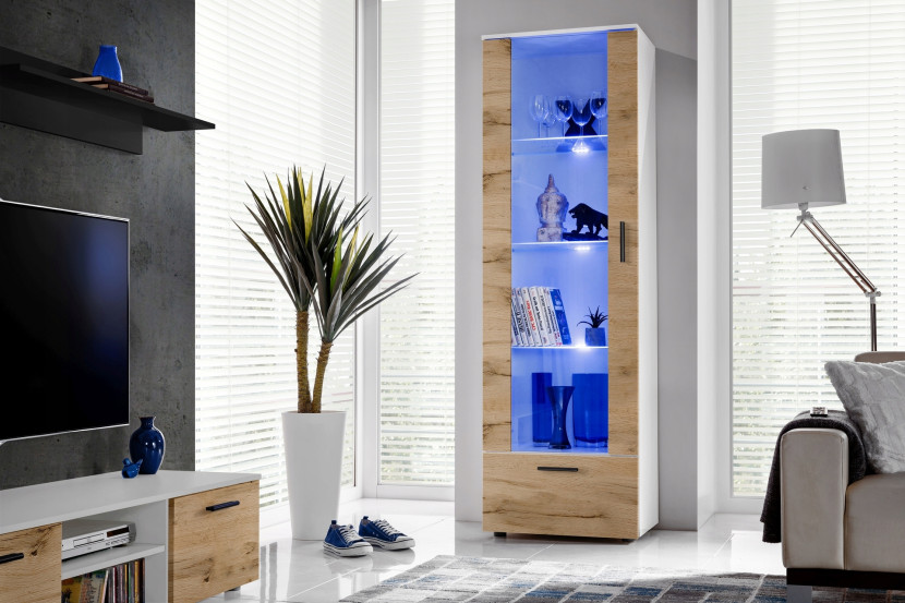 Witryna Szklana Regał Salon Biały/Dąb Wotan z Półkami RGB LED 192x60