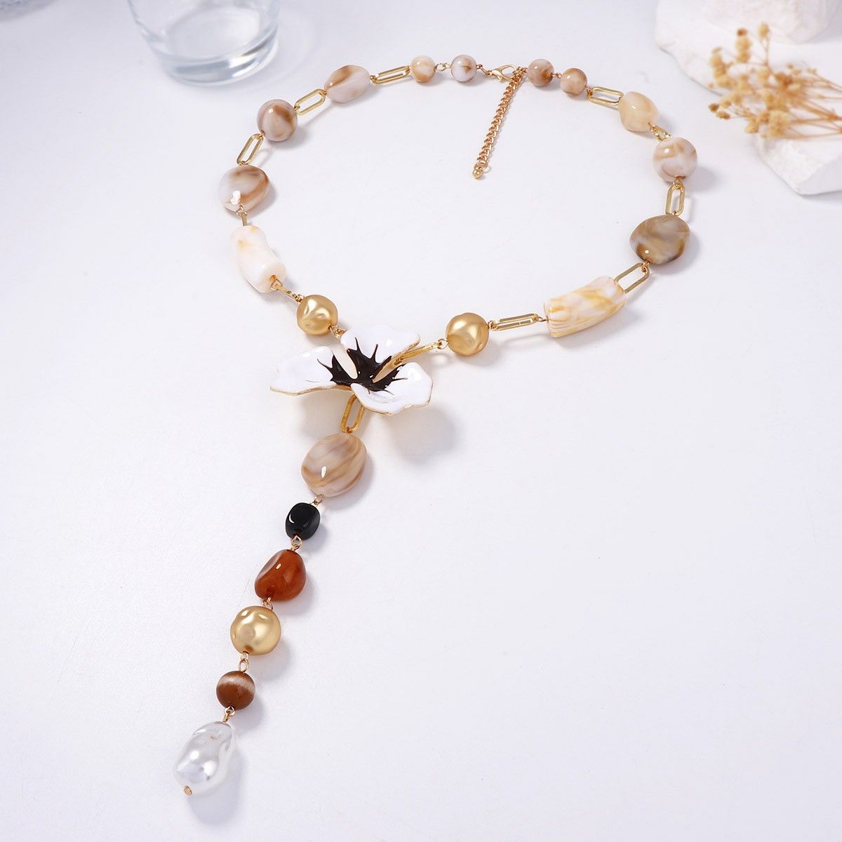 PEACH ACCESSORIES Exotic Flower & Mixed Bead Long Drop Necklace
