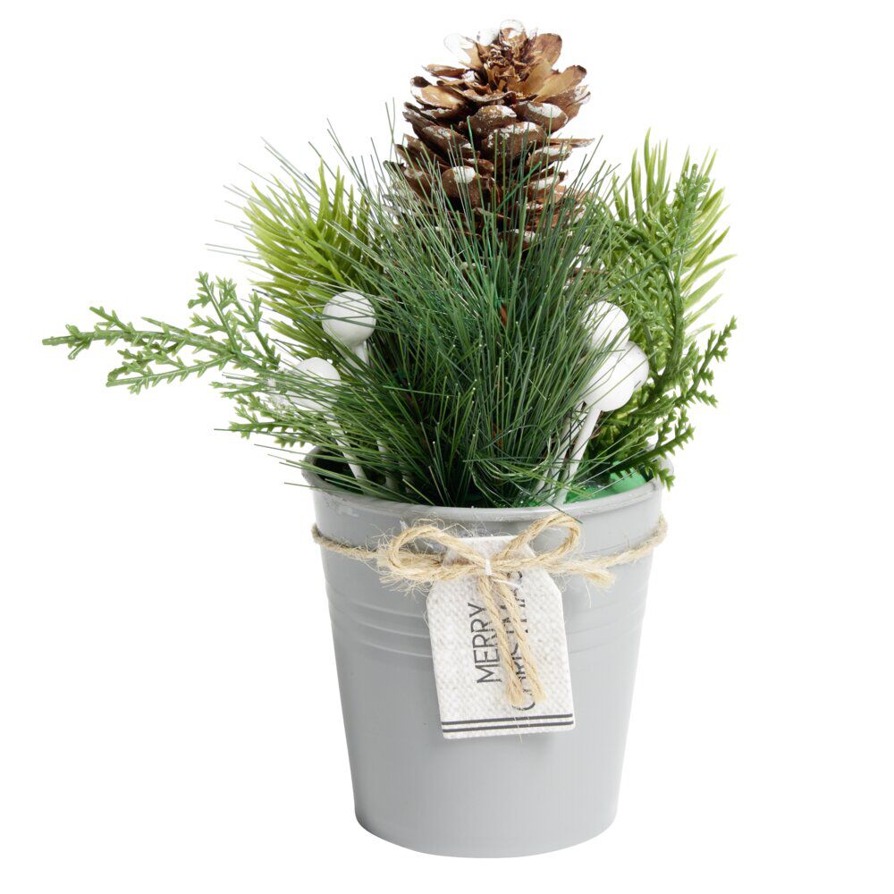 Décoration branche de pin dans pot gris Ø8xH10cm