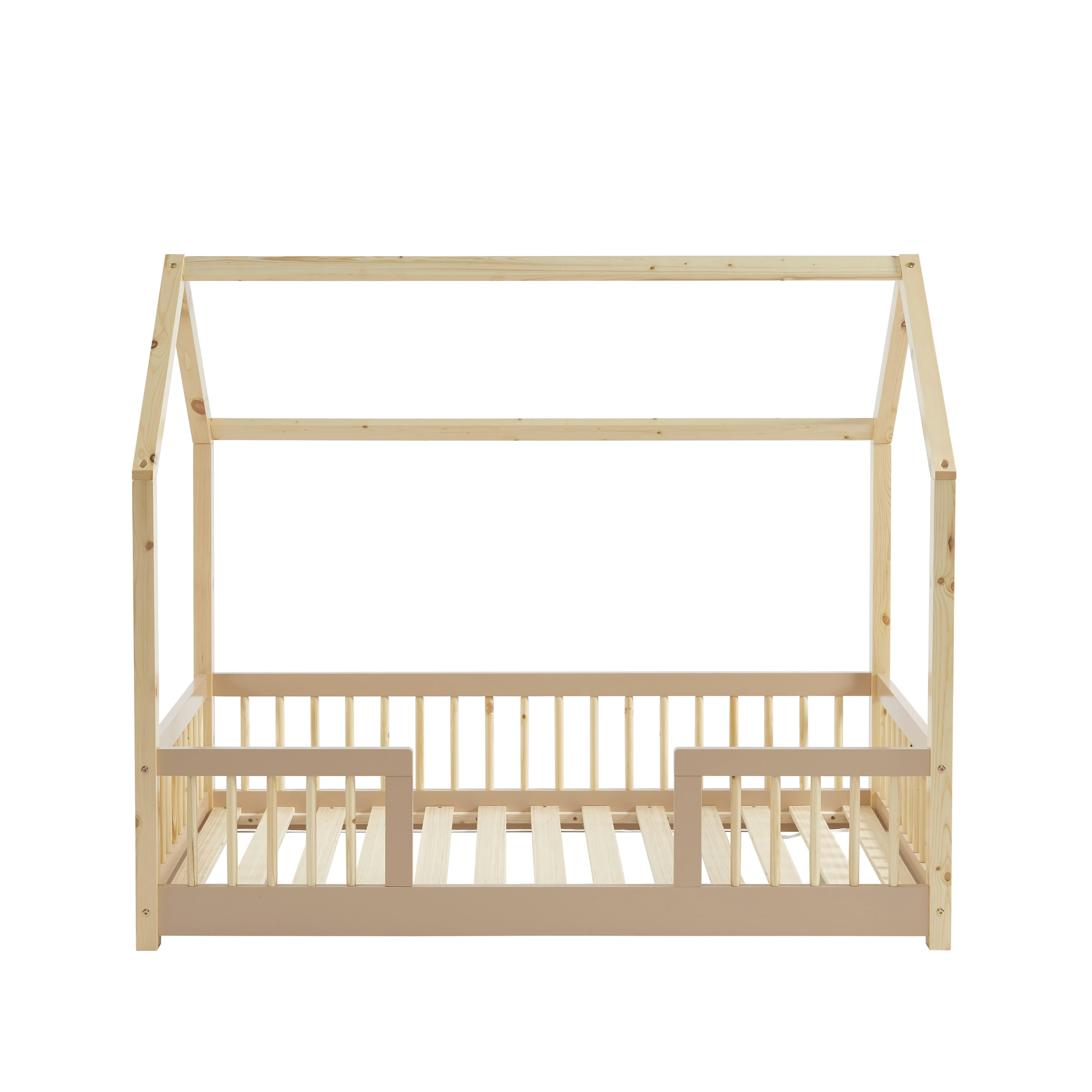 TINY - Lit cabane avec barrières  pin et rose 70x140 sommier inclus