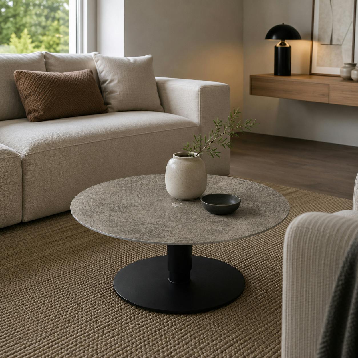 Table basse ronde relevable céramique effet métal LUGANO
