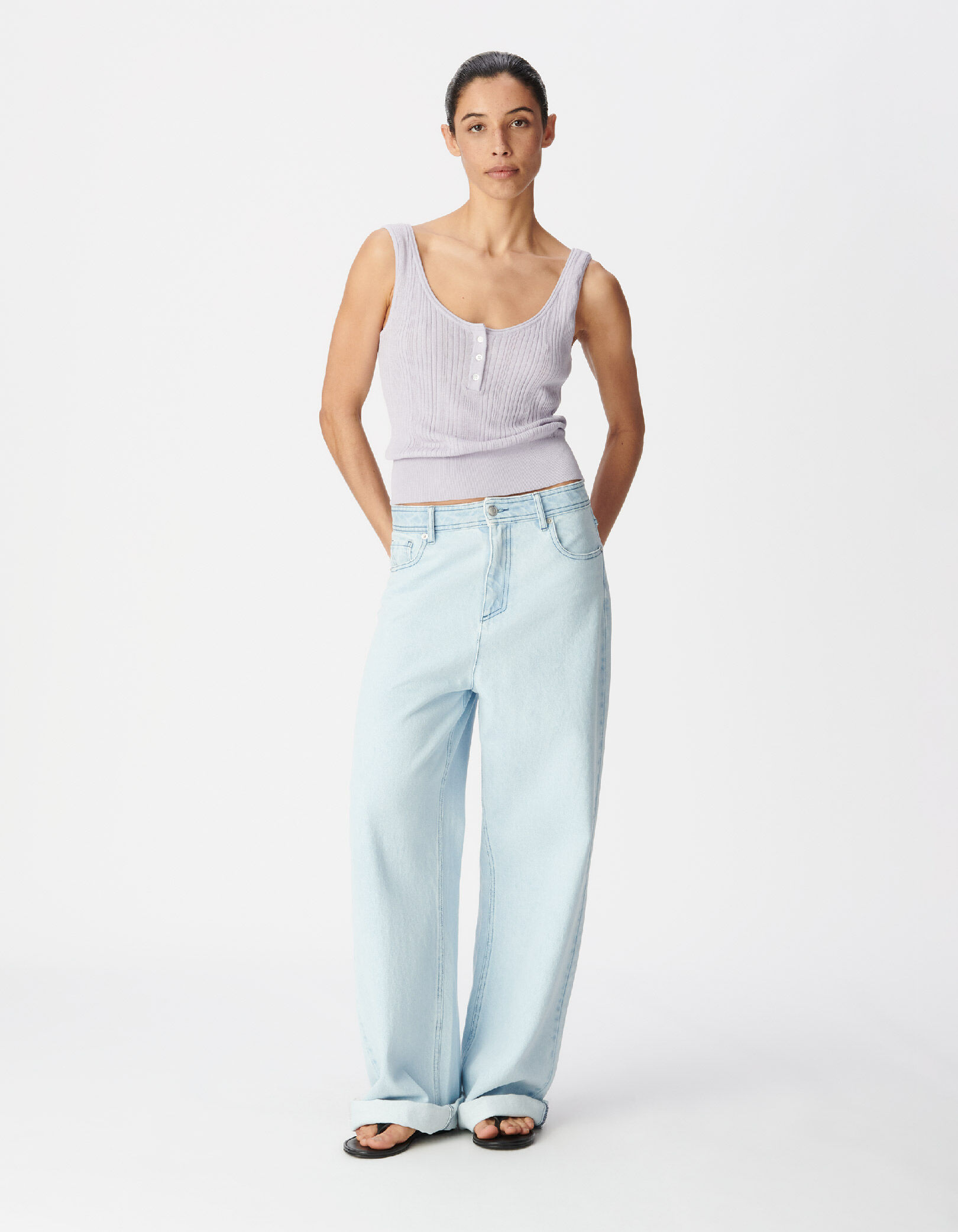 Pull sans manches lilas maille côtelée Femme