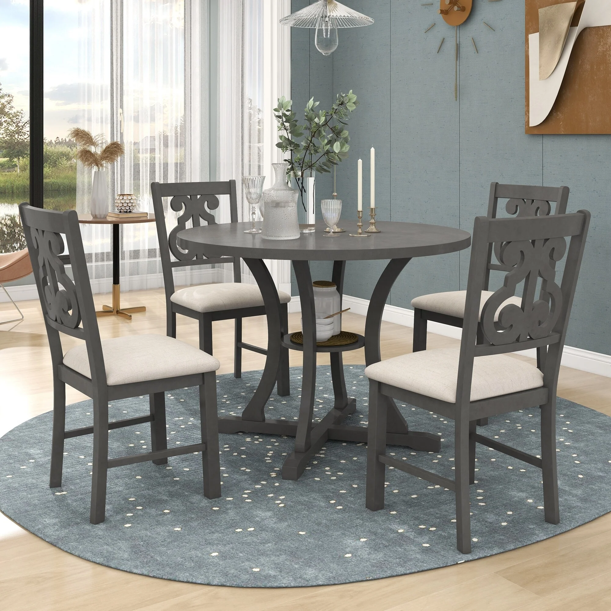Gray 5-Piece Wooden Dining Table Set with Round Table, 4 Chairs & Shelf